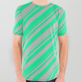 [ Thumbnail: Green & Grey Colored Lines Pattern All Over Graphic Tee ]
