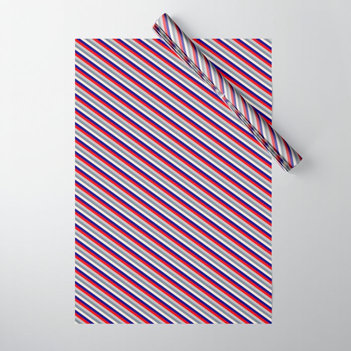 Vibrant Red, Grey, Light Slate Gray, Beige & Dark Blue Colored Pattern of Stripes Wrapping Paper
