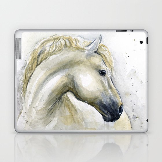 White Horse Watercolor Painting Animal Horses Laptop & iPad Skin