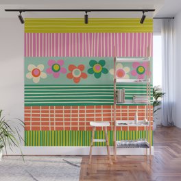 Finnish Patchwork Cheerful Flower Stripe Pattern Orange Green Pink Chartreuse Wall Mural