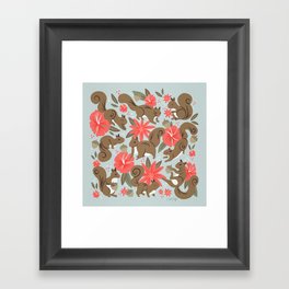 Squirrels & Blooms – Russet & Coral Framed Art Print