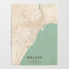 Malaga, Spain - Vintage Map Poster