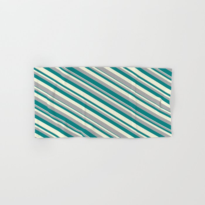Beige, Dark Gray, and Teal Colored Pattern of Stripes Hand & Bath Towel