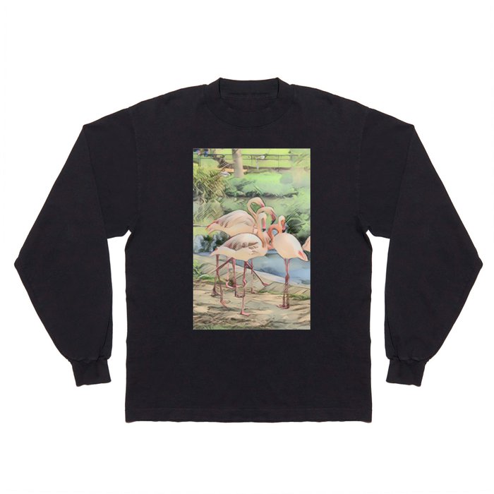 Flamingo Family In Pen And Ink Long Sleeve T Shirt