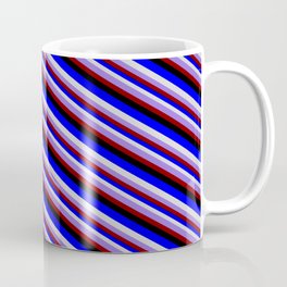 [ Thumbnail: Colorful Blue, Light Gray, Purple, Maroon, and Black Colored Stripes/Lines Pattern Coffee Mug ]