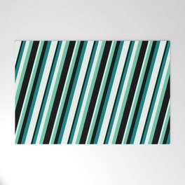 [ Thumbnail: Aquamarine, Black, Teal, and Mint Cream Colored Lined Pattern Welcome Mat ]