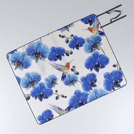 Beautiful tropical vintage blue orchid flower and hummingbird floral seamless pattern Picnic Blanket