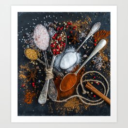 The spice of life; cinnamon, coriander, sea salt, anise, pepper, mulled wine teaspoons for kitchen and dining room wall decor color photograph / photography Art Print | Baking, Photographs, Stilllife, Parsley, Seasalt, Cinnamon, Forthechef, Food, Color, Cooking 
