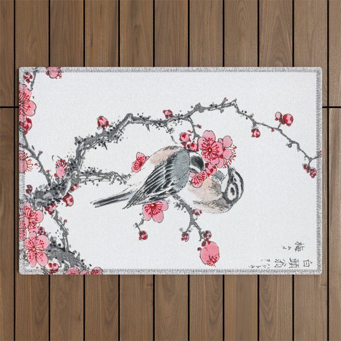 Buntings Sitting On Blossoming Peach Tree - Vintage Japanese Woodblock Print Art By Numata Kashu  Outdoor Rug