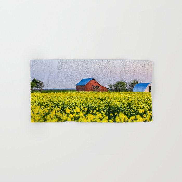 The Farm - Red Barn in Yellow Canola Field at Dusk on Spring Evening in Oklahoma Hand & Bath Towel