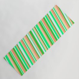 [ Thumbnail: Vibrant Light Cyan, Green, Tan, Light Salmon & Lime Green Colored Striped Pattern Yoga Mat ]