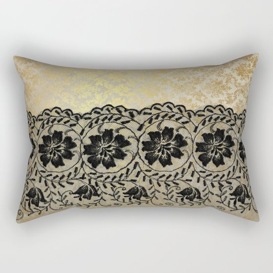 Black floral luxury lace on gold damask pattern Rectangular Pillow