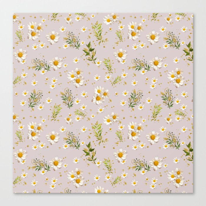 White Daisies Field Seamless Pattern Flowers, Floral Design Artwork, Cute Gerber Aesthetic Canvas Print