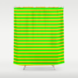 [ Thumbnail: Yellow, Dark Orange, and Lime Colored Lined/Striped Pattern Shower Curtain ]