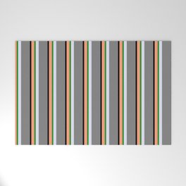 [ Thumbnail: Light Salmon, Black, Grey, Lavender, and Forest Green Colored Stripes Pattern Welcome Mat ]