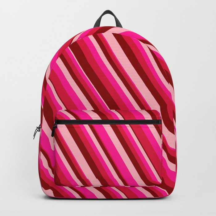 Deep Pink, Crimson, Dark Red, and Light Pink Colored Lines/Stripes Pattern Backpack