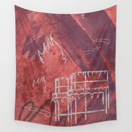 A la luna de Valencia  - Red Wall Tapestry | Collage, Pop Surrealism, Pop Art, Architecture 
