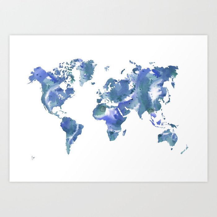 Watercolour World Map (blue/green/white) Art Print