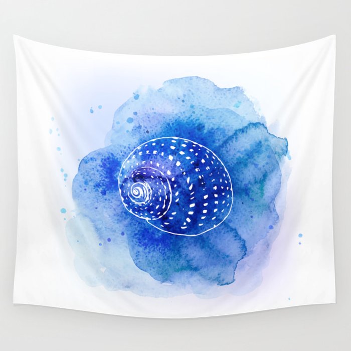 Blue Abstract Watercolor Seashell Rubber Stamp On White 2 Minimalist Coastal Art Wall Tapestry By Thomaskay