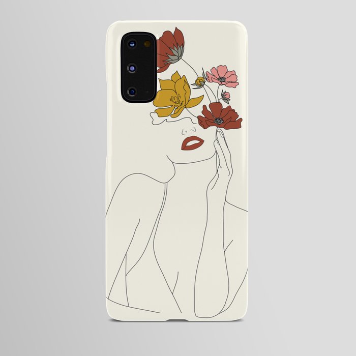 Colorful Thoughts Minimal Line Art Woman with Flowers Android Case