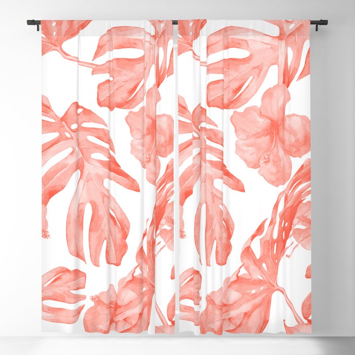 Tropical Hibiscus and Palm Leaves Dark Coral White Blackout Curtain