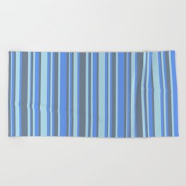 [ Thumbnail: Cornflower Blue, Light Blue, and Slate Gray Colored Striped Pattern Beach Towel ]