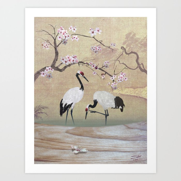 Cranes Under Cherry Tree Art Print