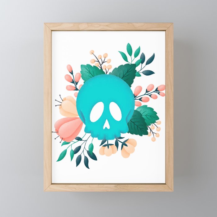 Teal Skull with Floral Adornment Framed Mini Art Print
