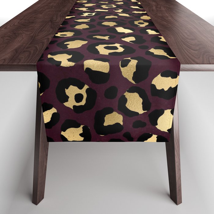 Burgundy and Gold Leopard Print Pattern 03 Table Runner