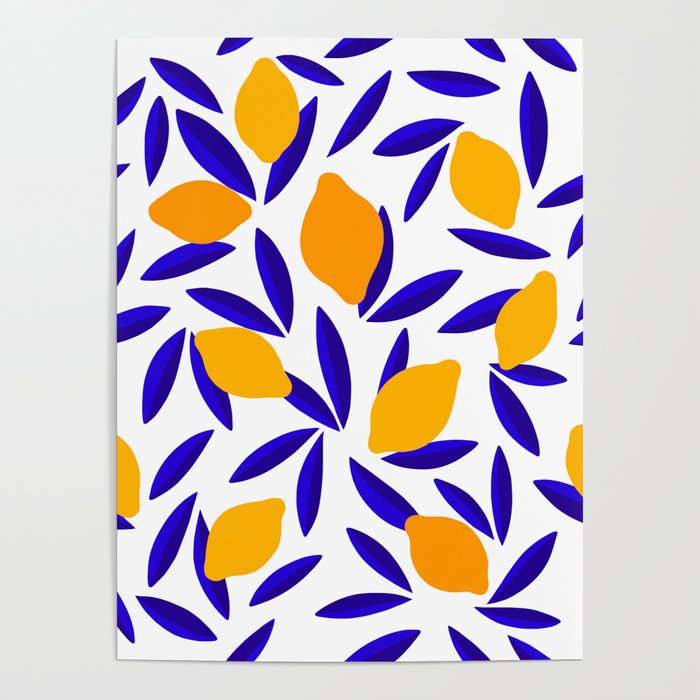 Blue and yellow Lemon Summery Pattern Poster