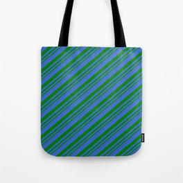 [ Thumbnail: Royal Blue and Green Colored Lines/Stripes Pattern Tote Bag ]
