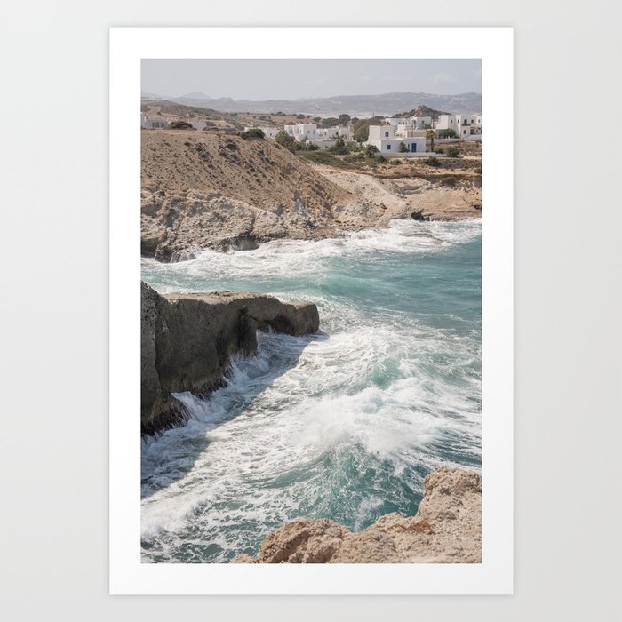 Windy Greek island / Vertical Milos coast and town view photography  Art Print