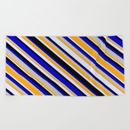 [ Thumbnail: Eye-catching Blue, Grey, Orange, Lavender, and Black Colored Stripes/Lines Pattern Beach Towel ]