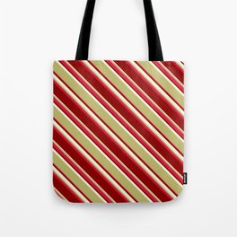 [ Thumbnail: Dark Khaki, Crimson, Dark Red & Beige Colored Pattern of Stripes Tote Bag ]