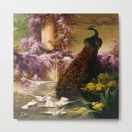 Eugene Bidau's A Peacock and Doves in a Garden Metal Print