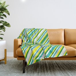 [ Thumbnail: Eyecatching Yellow, Forest Green, Mint Cream, Light Sea Green, and Light Grey Colored Lined Pattern Throw Blanket ]
