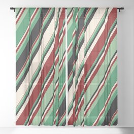 [ Thumbnail: Colorful Beige, Maroon, Dark Sea Green, Sea Green, and Black Colored Striped Pattern Sheer Curtain ]