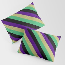 [ Thumbnail: Sea Green, Black, Indigo & Dark Khaki Colored Stripes Pattern Pillow Sham ]