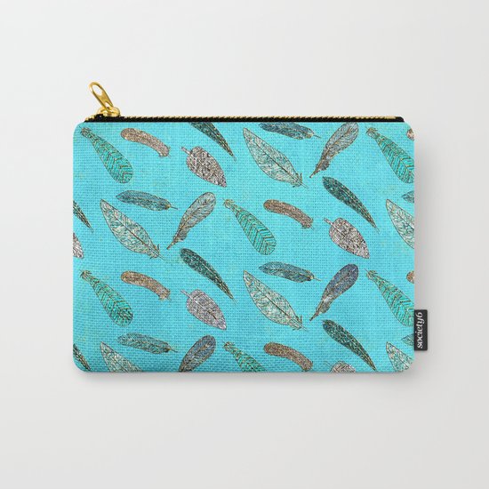 Sparkle Glitter Boho Bohemian Feathers on aqua on #Society6 Carry-All Pouch