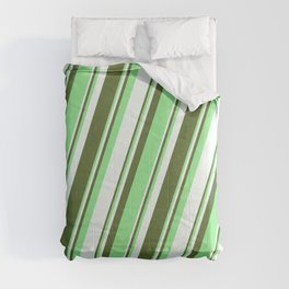 [ Thumbnail: Dark Olive Green, Light Green, and Mint Cream Colored Lines Pattern Comforter ]