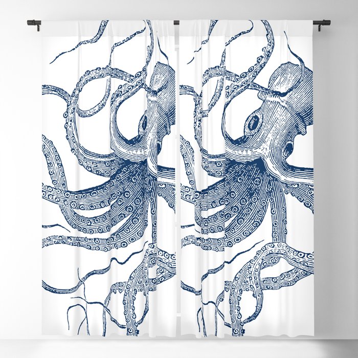 Blue nautical vintage octopus illustration Blackout Curtain