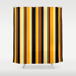 [ Thumbnail: Brown, Pale Goldenrod, Orange, and Black Colored Lines Pattern Shower Curtain ]