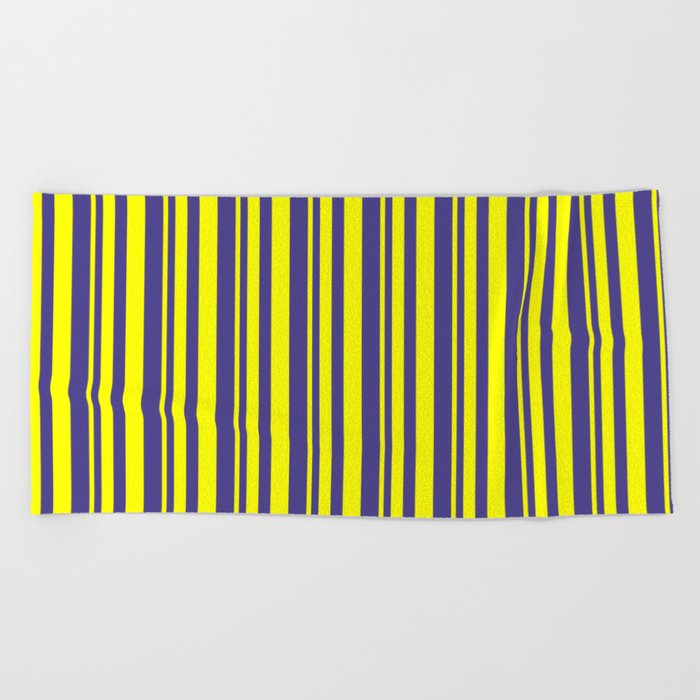 Yellow and Dark Slate Blue Colored Striped Pattern Beach Towel