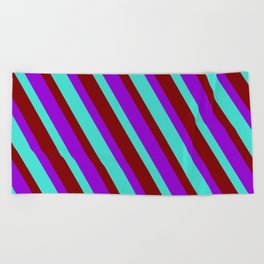 [ Thumbnail: Dark Violet, Turquoise & Maroon Colored Lines/Stripes Pattern Beach Towel ]