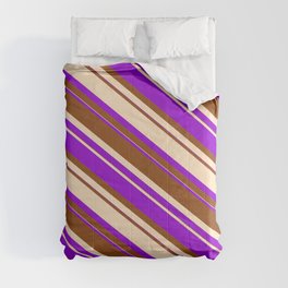 [ Thumbnail: Dark Violet, Brown & Bisque Colored Striped Pattern Comforter ]