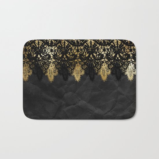 Simply elegance - Gold and black ornamental lace on black paper Bath Mat