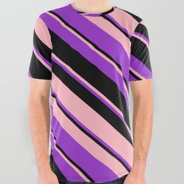[ Thumbnail: Light Pink, Dark Orchid, and Black Colored Lines/Stripes Pattern All Over Graphic Tee ]