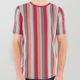 [ Thumbnail: Crimson, Gray, Light Grey, and Dark Salmon Colored Lines/Stripes Pattern All Over Graphic Tee ]