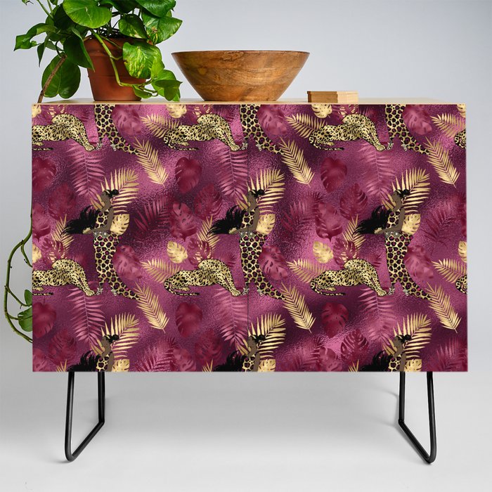 Burgundy and Gold Leopard Print Pattern 08 Credenza
