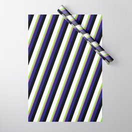 [ Thumbnail: Eyecatching Chartreuse, Orchid, Midnight Blue, Black, and White Colored Lines/Stripes Pattern Wrapping Paper ]